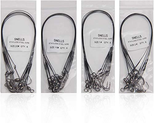 Saltwater Snelled Fishing Hooks with Leader Rig, 24pcs Steel Fishing Wire Leaders with Hook Swivel 11.9in Pre-Tied Wire Trace for Saltwater Freshwater Toothy Predators Bluefish Mackerel - size: 1/0_24pcs