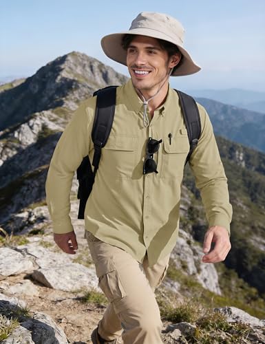 MAGCOMSEN Men's Sun Protection Fishing Shirts Long Sleeve UPF 50+ Quick Dry Cooling Button Down Shirt for Hiking Safari - color: Light Khaki, size: XX-Large