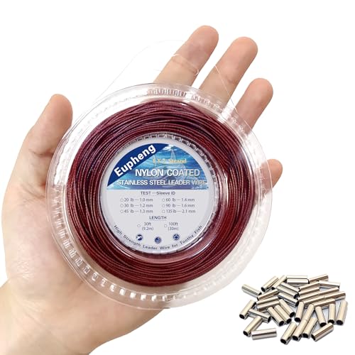 Eupheng Nylon Coated 1x7 & 7x7 Stainless Steel Leader Wire, Knottable Fishing Wire Leader Line for Saltwater, 20lb - 135lb Test in Black, Red in 30ft, 100ft Lengths, with Crimps Sleeves - color: 1x7 Red, size: 100 ft / 45 lb