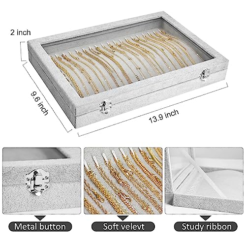 Necklace Organizer Box with Clear Lid Velvet Tray for Jewelry Storage Display Case, 20 Hooks Glass Top Drawer Insert Necklaces Pendants Dustproof Necklace Jewelry Box Organizer & Tray (Grey) - color: Grey, size: Necklace tray