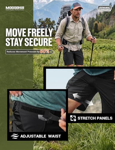 Moosehill Men's Hiking Cargo Shorts: Quick Dry Lightweight Stretch Outdoor Fishing Camping with 9 Pockets (Self-Storing) - color: Black, size: 28