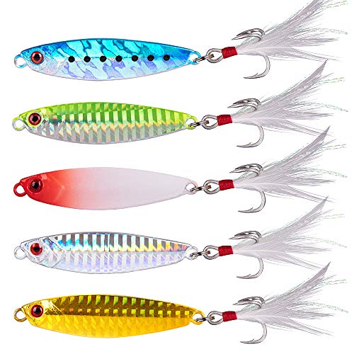 Dr.Fish 5 Pack Metal Jigging Spoon Saltwater Fishing Jigs Spoons Lures Casting Vertical Diamond Jig Lures Freshwater Bass Striper Mackerel Halibut - color: Long Casting Jig, size: 2oz-Hook #4