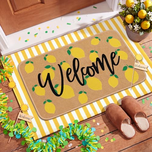 Tinideya 2 Pcs Summer Lemon Welcome Doormats Summer Lemon Outdoor Linen Rubber Door Mats Layered Yellow and White Striped Area Rugs Non Slip Italian House Decor for Indoor Entrance Porch Entryway - size: 16 x 28 Inch,24 x 35 Inch, style: Lemon Welcome