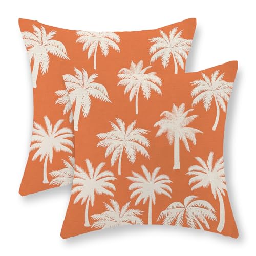 Burnt Orange Palm Tree Pillow Covers 18x18 Inch Set of 2 Vintage Tropical Decorative Pillow Cases Summer Outdoor Cushion Cover Farmhouse Linen Decoration Throw Pillows for Couch Living Room - color: Burnt Orange Palm Tree, size: 18" x 18" (Pack of 2)