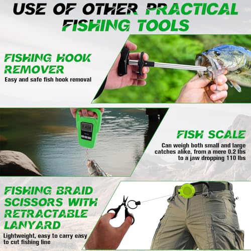 Hikary 10 Pcs Fishing Tool Kit,Folding Fishing Net Set with Storang Bag,Pliers with Lanyard and Protective Sheaths,Hook Remover,Fish Gripper,Fish Scale,Scissors for Fisherman Travel Gifts - color: Green