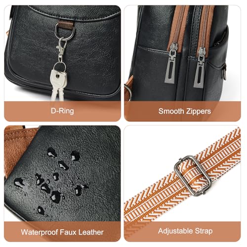 LATMAP 7L Sling Bag for Women Men Crossbody Belt Bag Small Travel Sling Backpack Anti Theft Chest Daypack Purse Faux Leather - color: Black With Brown