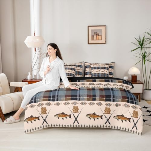 Erosebridal Big Fish Comforter Set with Sheets Twin Size Aztec 7-Piece Bedding Set for Kids Boys Girls Retro Rustic Buffalo Plaid Cabin Farmhouse Blue White Brown Lightweight Bed in A Bag - color: Blue White Brown, size: Twin