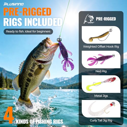 PLUSINNO Bass Fishing Lures - Pro Tackle Box Kit for All Water, 307 pcs | Largemouth Smallmouth Bass Fishing Kit, Freshwater, Lake, 6 Pre-rigged Rigs for Ready to Use, Beginners Fishing Tackle - color: orange