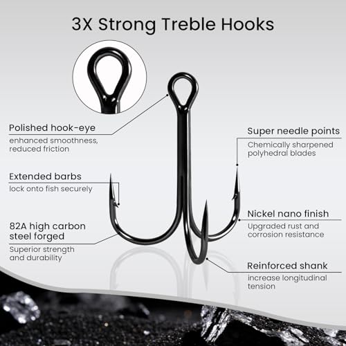 Pristis 3X Strong Fishing Treble Hooks, High Carbon Steel Sharp Barbed Tripple Round Bend Hook Kit Set for Lure Bait, Needle Point for Saltwater Freshwater Bass Trout Tuna Catfish Pike - size: 6/0 - 8 Pack