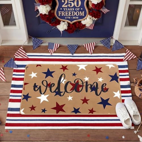 Tinideya 2 Pcs 4th of July Patriotic Door Mat Outdoor 250th Anniversary Welcome Front Door Mat Layered Red White Blue Stars Stripes Entryway Rug Non Slip Independence Day Decor for Front Porch Outside - size: 16 x 28 Inch,24 x 35 Inch, style: Star