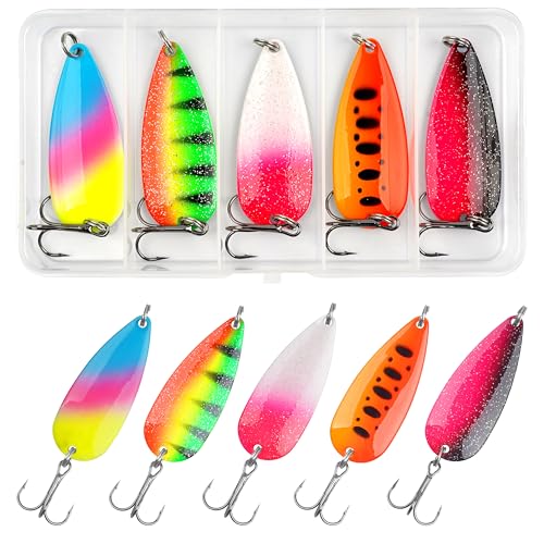 Spoon Fishing Lures, Hard Metal Fishing Spoon Lures with Treble Hooks Casting Spinner Baits for Bass Trout Pike Saltwater Freshwater - size: 3/4oz-5pcs