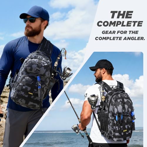 PLUSINNO Fishing Backpack with Fishing Rod and Reel Combos Tackle Boxes, Waterproof Tackle Backpack for Fishg Gear with Rod Holder, Fish Gifts for Men with Tool Kit - color: Black Camo Backpack With Rod and Reel Combo