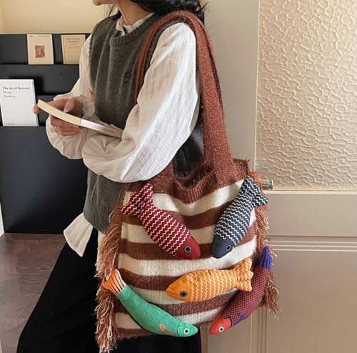 Knitted Beach Shoulder Bag for Women 3D Fish Bohemian Tote Versatile Purse Soft Hobo Handbag for Summer Vacation 2026 - color: C Brown
