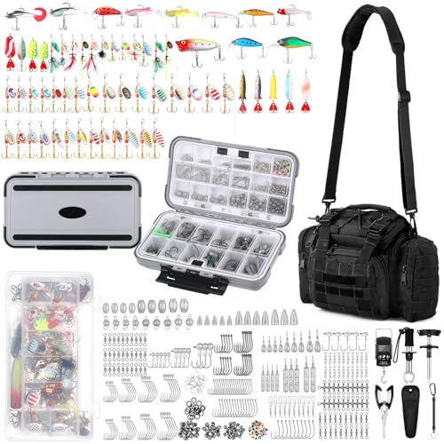 Sosation 464 Pcs Fishing Backpack with Tackle Boxes Lightweight Sling Bag for Fish Gear Equipment Accessories Fishing Gifts for Men Fish Lures Pliers Digital Scale Hook Removal Gripper(Black)
