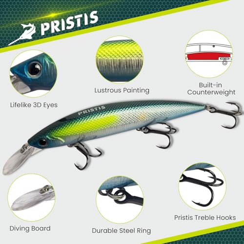 Pristis Minnow Fishing Lure, Long Casting Crankbait with Sharp Treble Hooks, Saltwater Freshwater Hard Bait Plug Set Tackle Kit with Precise Weight & Exquisite Coating for Crappie Bass Pike - color: Sinking-Azure Green