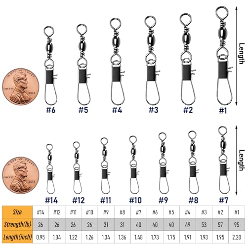 Alwonder 100-Pack Fishing Snap Swivels, Barrel Swivels Fishing Tackle with Snaps Freshwater, Stainless Steel Safty Interlock Snap Swivel Black Nickel Coated Lure Hook Connector Quick Change Clips - size: #3-53LB-1.93"
