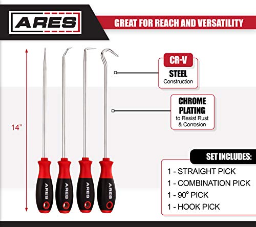 ARES 70246-4-Piece Hook and Pick Set - Includes a Large Straight Pick, 90 Degree Pick, Combination Pick and a Hook Pick - Chrome Vanadium Steel Shafts - Easily Remove Hoses, Gaskets and More - size: 4-Piece Hook and Pick Set