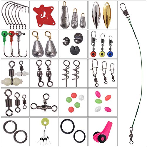 Newk 188PCS Fishing Accessories Kit, Jig Hooks, Bullet Bass Casting Sinker Weights, Fishing Swivels Snaps, Sinker Slides, Fishing Set with Portable Tackle Box