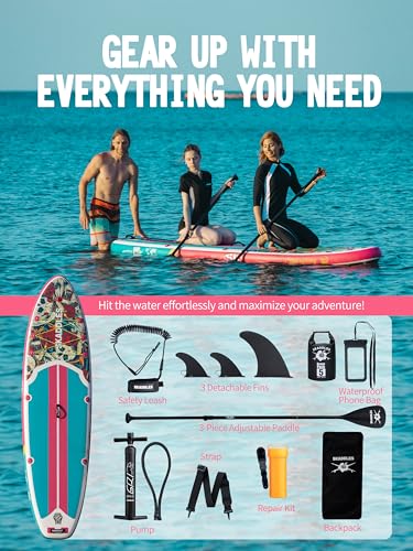10’6’’ Inflatable Stand Up Paddle Board (SUP) for Adults and Youth with Non-Slip Deck – Complete Accessories Kit, for Fishing, Yoga, Fitness & Family Fun - color: Pink Bones