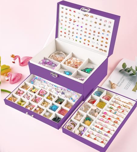 QBestry Earrings Jewelry Box for Girls, 5 Layers Jewelry Organizer with Earring Holder Organizer for Girls Earring Organizer Jewelry Boxes for Women Earrings and Necklaces Jewelry Box Organizer Purple - color: Deep Purple, size: Large