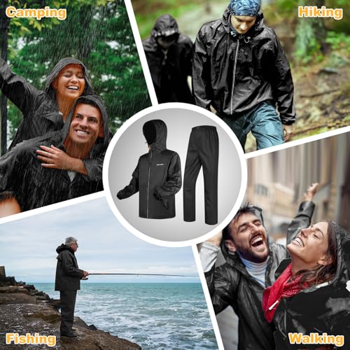 SOPPY Waterproof Rainsuit Jacket Pants Suits, Hooded Rain Jacket with Trousers, Packable Raincoat Sets with Carrying Bag - color: Black-m, size: Medium
