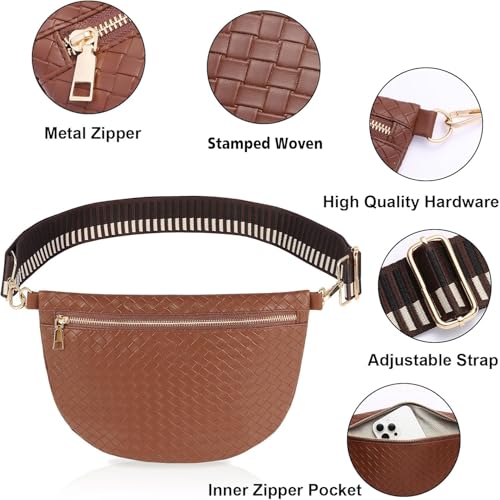 Woven Crossbody Bags for Women Leather Belt Bum Sling Purse Fanny Waist Pack Chest Shoulder Bag for Women-Dark Brown - color: Dark Brown