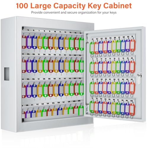 Nebakne 100 Keys White Key Cabinet, Anti-Theft Key Lock Box with Key Tags, Adjustable Key Organizer Wall Safe for Car Office House Garage Rental Business - color: White, size: 100 Key Hook