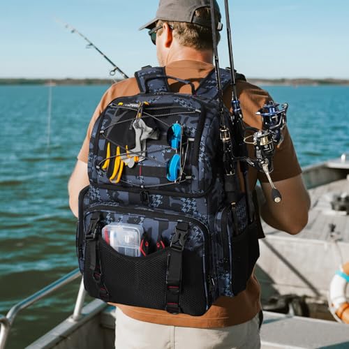 RUCYEN Fishing Backpack, 45L Large Cooler Fishing Tackle bag with Rod Holders & Rain Cover, Water-resistant Store Fishing Gear - color: Black Camo