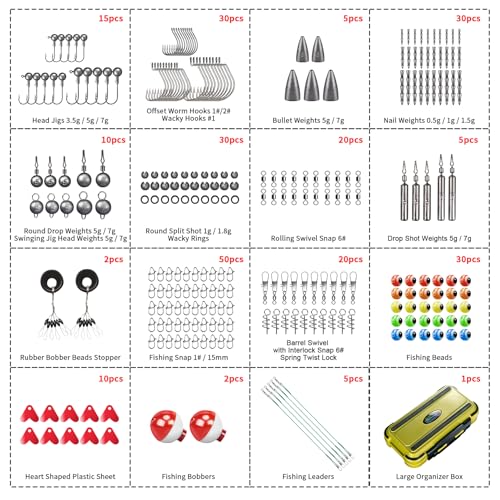 TRUSCEND Complete Fishing Accessories - Tackle Box with Tackle Included, Fishing Hooks, Jig Heads, Sinkers, Weights, Swivels, Snaps, Bobbers, Leaders - Fishing Gear Set for Bass Trout Panfish Walleye - color: ‎A-255pcs Giftable Kit