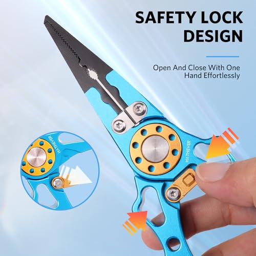 Fishing Pliers Saltwater, Split Ring Pliers Hook Remover with Safety Lock, Fishing Tools with Sheath and Lanyard, Fishing Gifts for Men - color: Blue