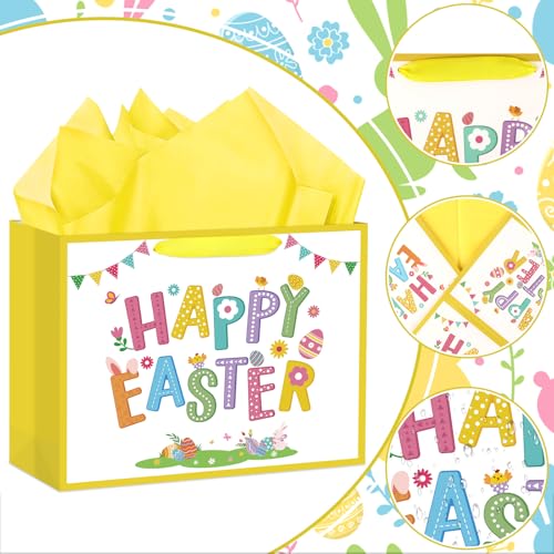 Hooqict Large Easter Gift Bag with Handles, Tissue Paper, Greeting Cards for Kids Easter Egg Basket Gift Bags Spring Birthday Goodie Treat Party Favors - color: Easter