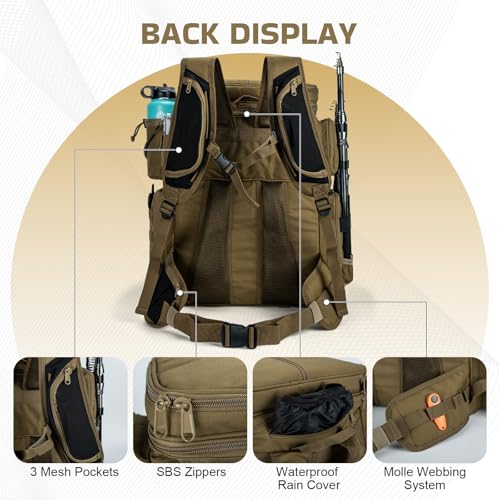 Goture Fishing Backpack, 66L 600D Tackle Backpack with Cooler,3 Rod Holders, Helmet Holder, Rain Cover, Saltwater Large Fishing Bag for Camping Hiking, Gear Storage Bag, Gifts for Men - color: B1:khaki(without Tackle Box)