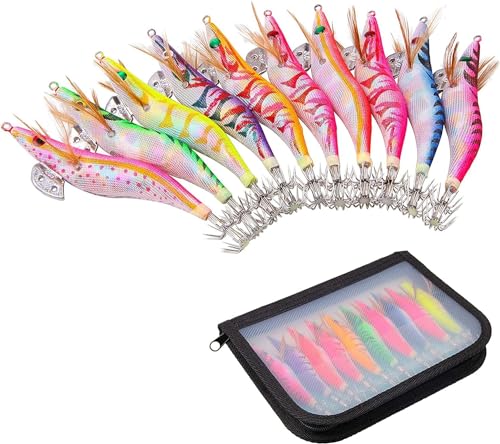 10pcs Squid Jigs Saltwater Fishing Lures Glow Squid Jigs Luminous Shrimp Prawn Artificial Baits 3D Fluorescent Squid Jig Hooks Tackle for Cuttlefish Octopus Fishing Size 2.5 3 3.5 - size: 3.0#
