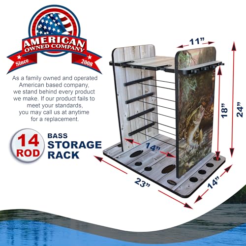 Rush Creek Creations Fishing Rod Holder for 14 Saltwater/Freshwater Rods, Fishing Pole Holder w/ up to 4 Fishing Gear Tackle Box Storage for Garage Organization/Boat Storage for Fishing Accessories | Fishing Pole Holder - color: Bass Pond Graphics