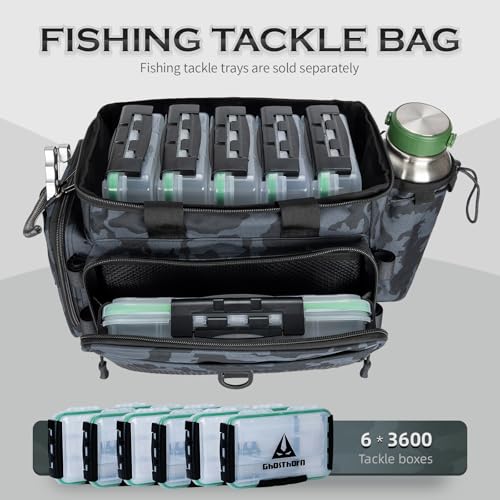 Ghosthorn Fishing Tackle Bag with Rod Holder Saltwater & Freshwater Resistant Tackle Box Bag - Adjustable Padded Shoulder Strap (Black Camouflage) - color: Black MiCai, size: Standard