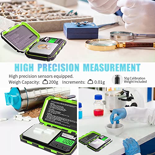 Fuzion Digital Pocket Scale, 200g x 0.01g Gram Scale, Mini Scale 6 Units Jewelry Scale with LCD Display, Tare Function, 50g Cal Weight - color: Green, size: 200/0.01g