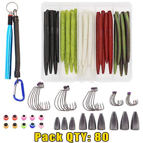 Wacky-Worms-Bass-Fishing-Lure-Kit-Wacky-Rig-Worms-Soft-Plastic-Stick-Baits3 4" 5" 6 inch - color: 80-Piece Supper Wacky Worm Kit