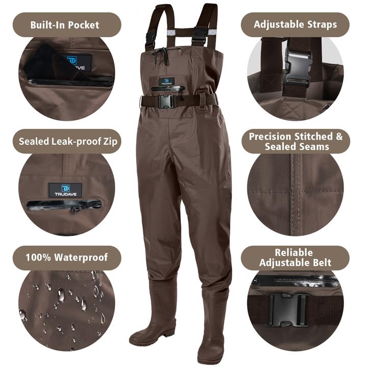 Trudave Chest Waders for Men with Boots, 2-Ply Nylon/PVC Waterproof Fishing & Hunting Waders for Men and Women - color: Brown, size: M10/W12