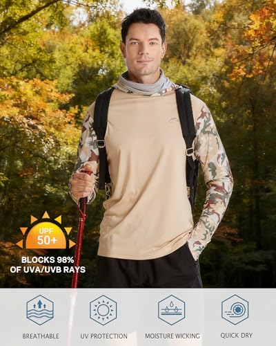 FISHEAL Men's Performance Fishing Hoodie Shirt - UPF 50+ UV Sun Protection Long Sleeve Shirts with Mesh Face Mask - color: Desert Sand Camo, size: Medium