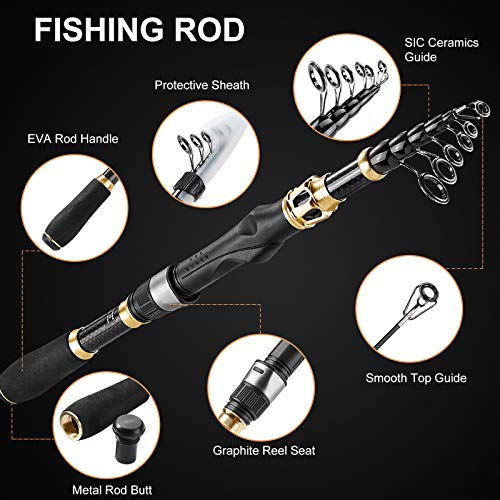 PLUSINNO Fishing Rod and Reel Combo, Telescopic Fishing Pole Kit with Spinning Reel, Tackle Box, Fishing Lures and Travel Carrying Bag, Fishing Gear Gifts for Men - color: Elite Hunter Single Fishing Rod(No Reel &Lure), size: 2.4M 7.87FT