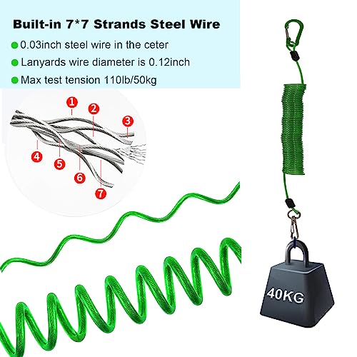 Fishing Lanyard, Heavy Duty Coiled Lanyards Stainless Steel Wire Inside, Safety Rope Extension Cord Tether Retractable Fishing Accessories for Rods, Pliers, Boating, Paddles, Kayak - color: Green