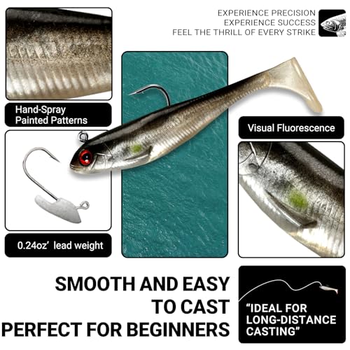 Pre-Rigged Paddle Tail Bass Lures, 3.5in 0.42oz Soft Plastic Fishing Lures with Jig Heads, Unique Swimming Action Swimbaits for Bass, Trout, Walleye, Crappie, Saltwater & Freshwater Bait