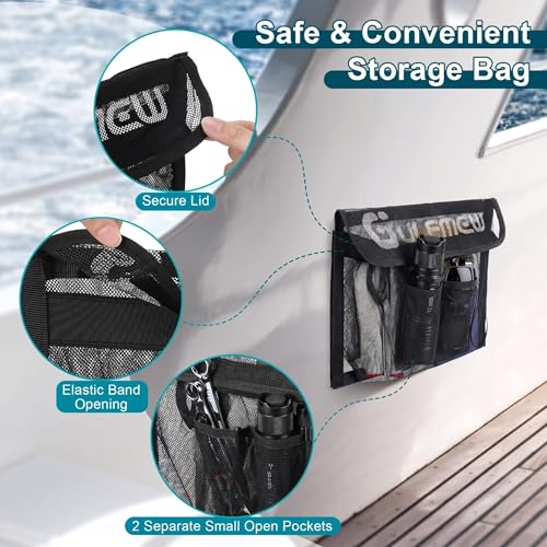 14" X 9.8" Boat Storage Bag with Secure Lid and 2 Open Pockets, Boat Storage Accessories Mesh Organizer with Strong Adhesive, Perfect for Storing Phones, Glasses, Keys and Tackle Marine Accessories