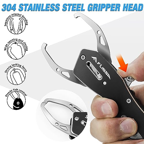 FLISSA Fish Gripper, Fish Lip Grip Tool with Carabiner and Spring Anti-Lost Rope, Durable Stainless Steel Fish Grabber Gripper, Lightweight Holder for Fishing, Corrosion Resistant & Portable - size: 7''