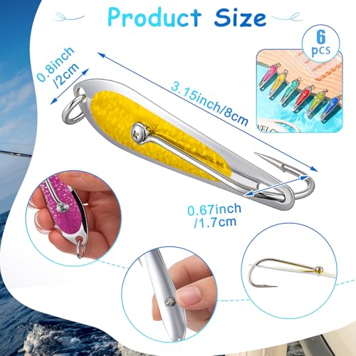 Soulchen 6 Pack Trolling Spoons, 3 Inch Saltwater Fishing Lures Stainless Steel Reflective Spoon Lure with Welded O-Ring, Offshore Inshore Trolling Bait for Tuna, Mahi Mahi, King Mackerel