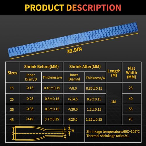 Heat Shrink Tubing for Grip Handle, 3.2 Feet Long, 15-45mm Size Range, Non-Slip Waterproof Insulation Wrap, Durable Repair for Fishing Rod, Tennis Racket, Tools (Black, 35mm) - color: Black, size: 35