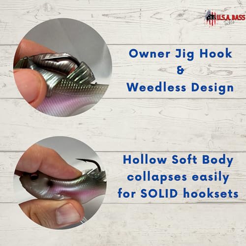 USA Bass Tackle - Hand Poured Underspin Gill - Weedless Gilly Paddletail Sleeper Swimbait with Bass-Tech Soft Plastic & Owner Mega Jig Hook Largemouth Smallmouth Spotted Bass - color: Sun Gill, size: 3/4