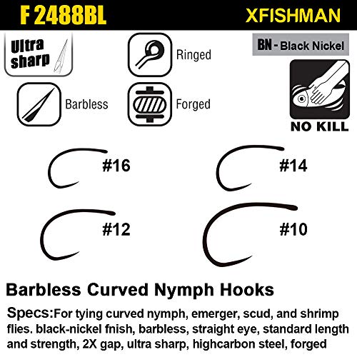 Fly-Hooks-for-Fly-Tying-Dry-Wet-Barbless-BL-Nymph-Flies Curved Czech Scud Fishing Hooks 10# ~16# Assortment Pack of 100-240 Hooks with Box - color: Barbless Fly Hooks F103&F2488 Qty 240