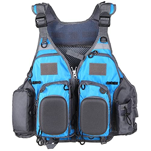 JKSPORTS Fly Fishing Vest - Fishing Safety Life Jacket for Swimming, Sailing, Boating, Kayak - Floating Multifunction Breathable Backpack for Men and Women - Adjustable, Grey/Green/Red/Blue - color: Blue and gray, size: with foam