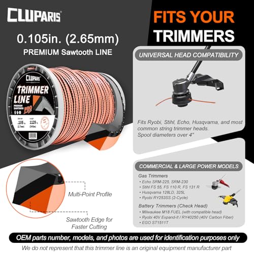 Cluparis .105-Inch Heavy Duty Trimmer Line, 5lb 1129ft Professional Sawtooth Weed Eater String, 3-Component Tri-Extrusion for Extra Durability, Fits Echo Husqvarna Ryobi, with Super Line Cutter - color: 5 Pounds, size: 0.105 In - 1129 Ft.